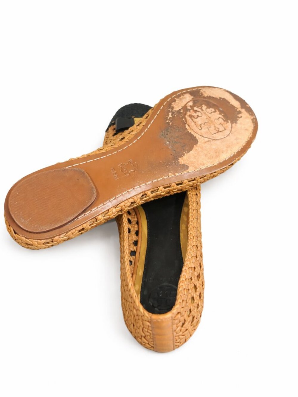 Tory Burch Carlyle Woven Ballet Flats Tan Black Cap Toe Size 9.5 - Picture 5 of 5
